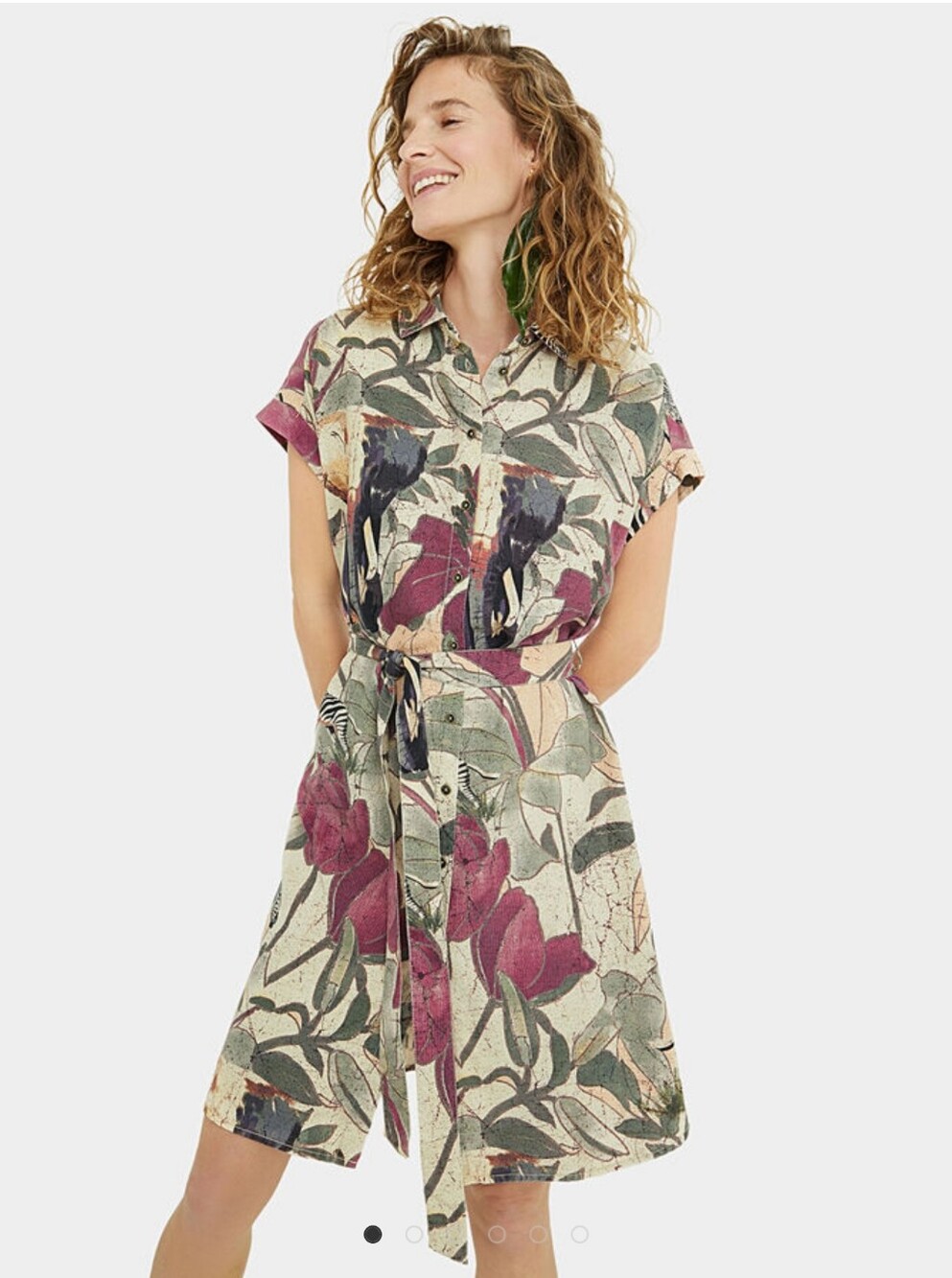 Desigual Ethican Dress Safari Animal Zebra Flower Dress Tie Waist Button Pockets